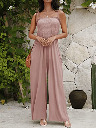 Deep Self Jumpsuits For Women Summer Casual Loose Long Wide Leg Rompers Jumpsuit Boho Sexy One Piece Tie Strap Tank Long Jumpsuits Pink #TOP4