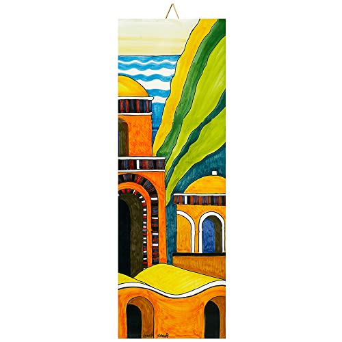 Baldosa cerámica cm. 10x30 con Impresión de un Paisaje de la Costa de Amalfi, Paisaje costero 2, Azulejo Ornamental para Colgar.