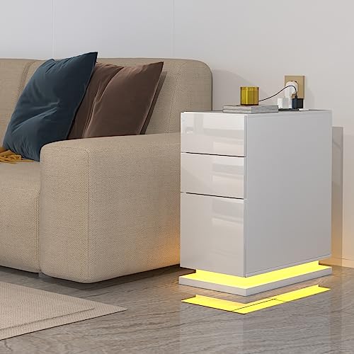 Chleby Moderne Table de Chevet Brillant Étroit Table d’Appoint Blanche avec Fonction de Chargement et LED Table de Chevet étroite avec 3 tiroirs