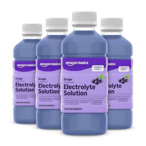 Amazon Basics Pediatric Electrolyte Solution, Grape Flavor, Helps Address Dehydration, Replaces Electrolytes, Fluid and Zinc, for Kids and Adults, 33.8 fl oz (Pack of 4) (Previously Amazon Basic Care)