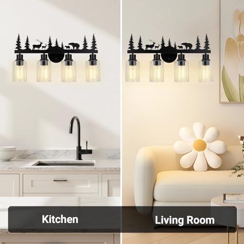 Image of Rustic Bathroom Light Fixtures, 4-Light Farmhouse Vanity Lamp with Deer and Bear Design, Black Wall Lighting with Clear Glass Shade for Bathroom, Hallway, Kitchen, Porch