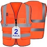 XPCARE 2-Pack Hi Vis Reflective Safety Vest with Pockets,High Reflective Strips Zipper Work Vest for Men and Women,Orange