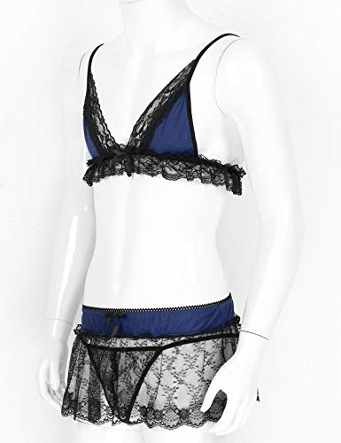 Yartina Men’s Sexy Lace Lingerie Set Sissy Bra Top with Sheer Mini Skirt Thongs Crossdress Lingerie Nightwear4