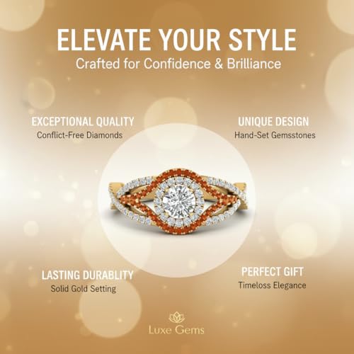 Image of Choose Your Gemstone Round Twisted Pave Double Halo Diamond CZ Ring Yellow Gold Plated Round Shape Double Halo Engagement Ring for Women, and Ladies US Size 4 to 12