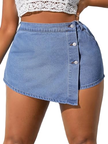 Floerns Saia jeans feminina plus size com botões frontais cintura alta transpassada na frente, Azul, XX-Large Plus