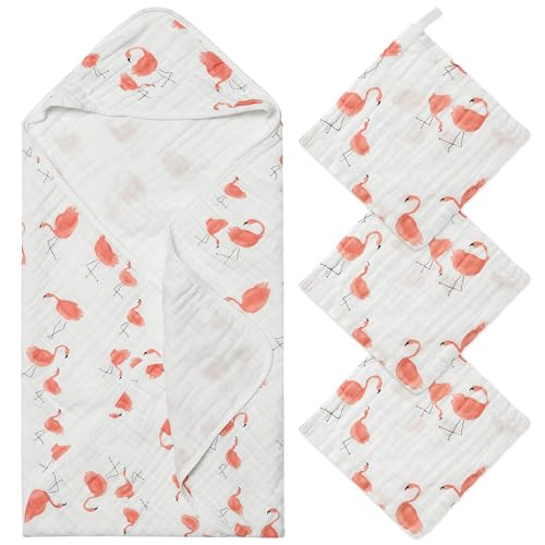 Image of 2ooya 4Pcs Muslin Baby Hooded Towel & Washcloth Set Pink Flamingos Cotton Absorbent Bath Towels Blanket with Hood Newborn Toddlers Infant Boys Girls Shower Gift for Baby Cleanups and Bathing