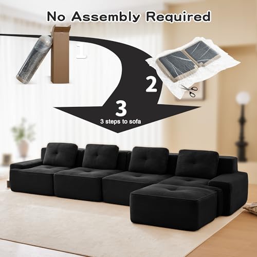 Image of 153 inch L-Shaped 4-Seater Modular Boneless Couch with Ottoman, Soft Corduroy Cloud sectional Sofa, Oversized Deep Seat, No Assembly Anti-Slip Stable Sofa, Black