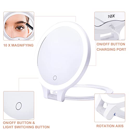 Foldable Double Sided Tabletop Mirror - Rechargeable Lighted Magnifying Mirror 10 X And 1X，3 Colors Light - Adjustable Foldable Handle For Makeup/Travel And Blackhead Removal. #TOP3