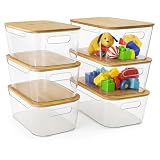 CiWiVOKi 6 Pack Clear Storage Bins with Bamboo Lids, Stackable Organization and Storage Containers with Handle for Pantry, Cabinet, Closet, Fridge, Bathroom, Organizer Bins for Home & Kitchen