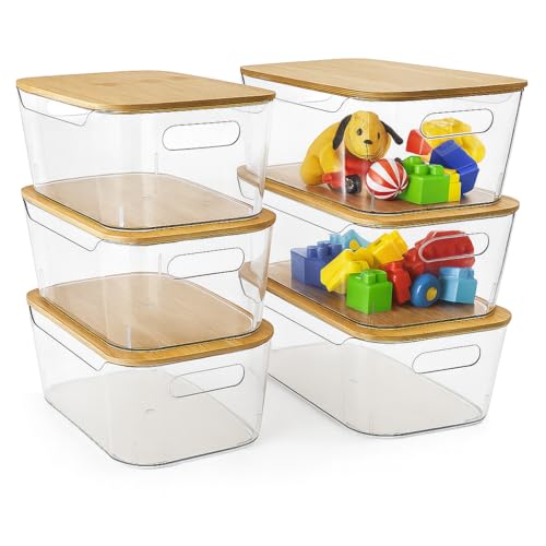CiWiVOKi 6 Pack Clear Storage Bins with Bamboo Lids, Stackable
