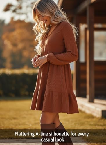 Image of Dokotoo Womens Dresses Long Sleeve V Neck Lightweight Ribbed Knit Empire Waist Casual A Line Swing Mini Dress