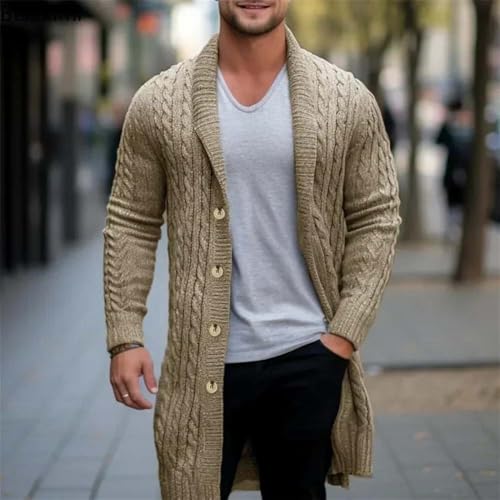 Men Long Cable Knit Cardigan Sweater Shawl Collar Button Front Thick Warm Pullover2