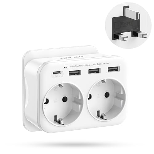 LENCENT Reiseadapter UK Deutschland Stecker, Typ G Netzadapter, Reisestecker mit 1 USB-C&3 USB-A Ports, Adapter Deutschland auf UK für England, Großbritannien, Schottland, Irland, Malediven Steckdosen