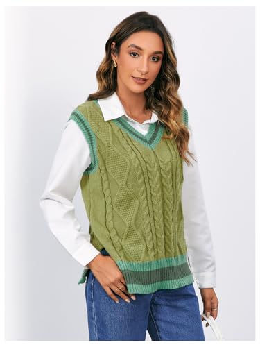 OYOANGLE Women's Striped Trim Sleeveless V Neck Pullover Sweater Vest Split Hem Tank Top Knitwear3