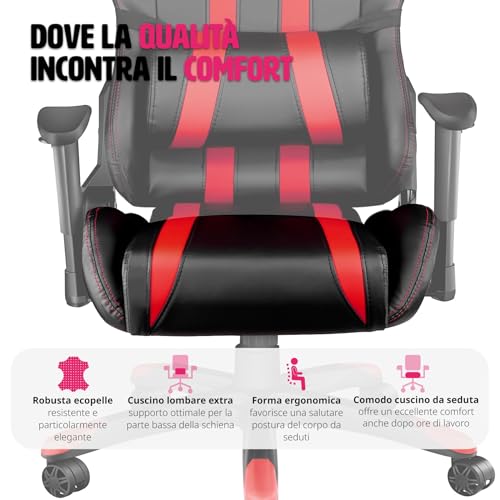 ® Poltrona da Ufficio con Poggiatesta, Braccioli, Schienale Regolabile, Sedia Ufficio Ergonomica con Imbottitura Extra Spessa e Supporto Lombare, Girevole a 360° - Nero/Rosso - Sedia gaming - Immagine 8