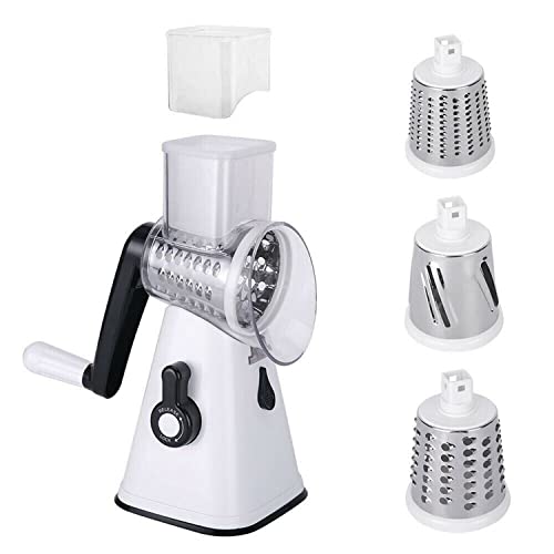 Multifunction Kitchen Vegetable Food Fruit Manual Rotary Drum Grater Slicer Chopper with 3 Stainless Steel Revolving Blades,Easy to Use, Easy to Clean, Easy to Assemble, Easy Replacement