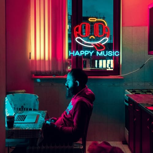Image of Happy Music Neon Sign Dimmable Led Microphone Neon Light for Wall Decor USB Cute Headset Neon Light Sign for Music Studio Bar Live House Karaoke Party Bedroom