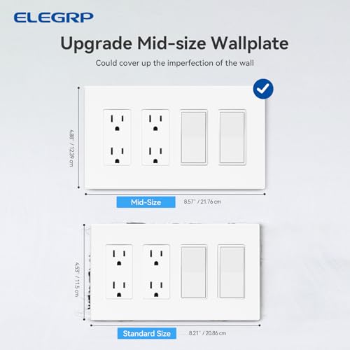 Image of ELEGRP 4-Gang Screwless Decorative Wall Plates, Mid-Size Unbreakable Thermoplastic Faceplate Cover for Decorator Receptacle Outlet Switch, UL Listed (5 Pack, Matte White)