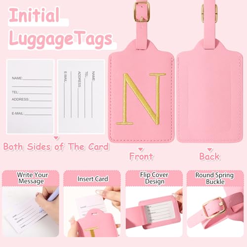 Image of Initial Letter Luggage Tags for Suitcases, Personalized Embroidered Letter Luggage Bag Suitcase Identifier Name Tag, Cute PU Leather Travel Luggage Tags, Bag Tags for Luggage Handbags(Pink N)