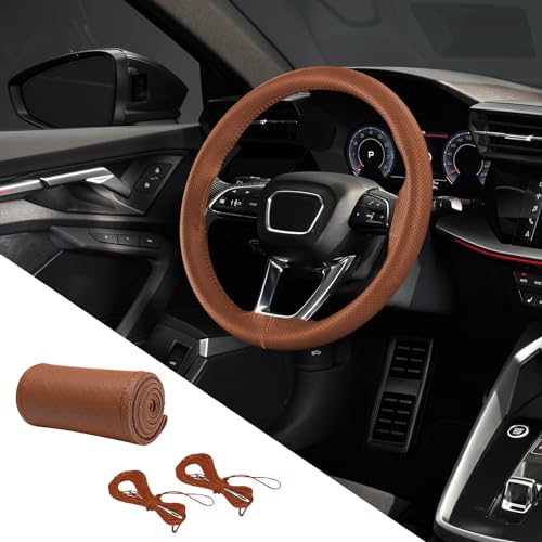 deemars Cubre Volante, Cubre Volante Cosido a Mano, Accesorios de Coche Coser con Hilo de Aguja Antideslizante Protector de Rueda de Coche Apto para Coches Camiones (Marrón, Agujero Lleno)