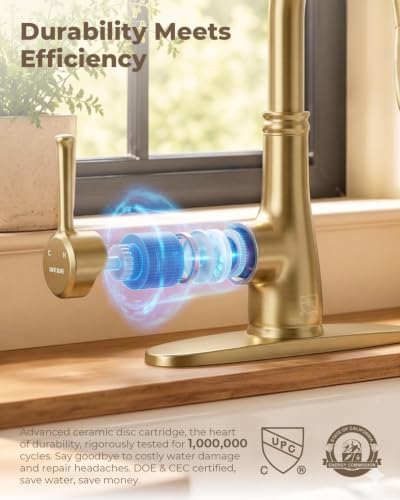 Image of WEWE Brushed Gold Kitchen Faucet with Pull Down Sprayer, Champagne Bronze Copper Single Handle Single Hole Kitchen Sink Faucet