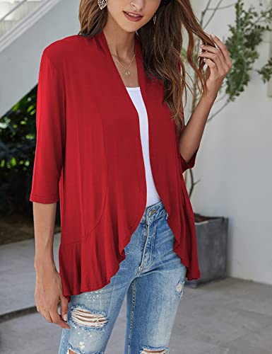 Bluetime Women Irregular Lightweight Soft Draped Open Front Cardigan 3/4 Sleeve Kimono Coverups Plus Size (S-3Xl) (Xl, Red) #TOP4