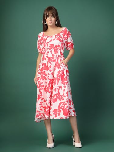 Image of OOMPH! Below Knee Shift Pink Dress in Crepe Fabric with Round Neck and Puff Sleeves - md619l