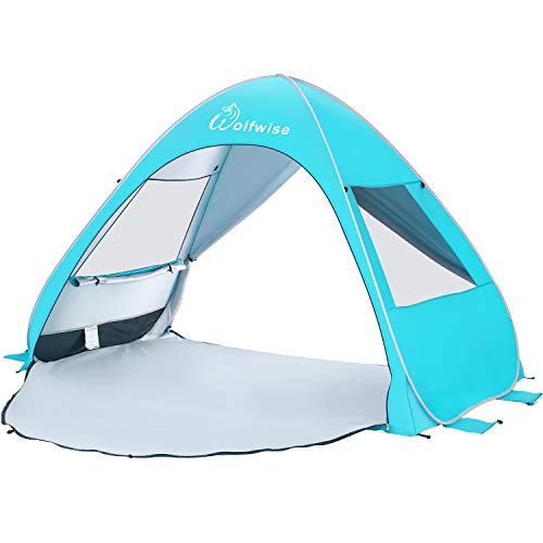 WolfWise Pop up Beach Tent 3-4 Person Portable Sun Shelter UPF 50+ Ba