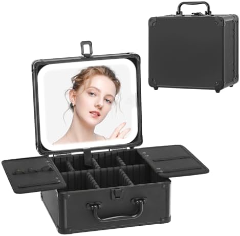Leeora&Leekoo Makeup Box with A Detachable Lighted Mirror, Waterproof Travel Train Case, Cosmetic Organizer and Makeup Suitcase with Adjustable Dividers, LED Mirror (Black, Plane)
