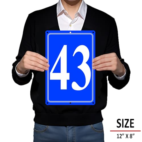 Image of Premium Aluminum Number Signs 43, Metal 12 inch X 8 inch Blue Numbered Signs Outdoor for Parking Lots, Floor, Dock, Court, Aisle, Field, High Visibility, No Fade, Weather-resistant