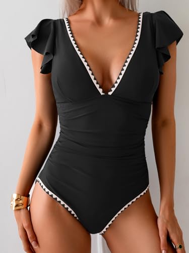 Image of Aidonger Women's One Piece Ruffle Swimsuit Tummy Control Bathing Suit V Neck Shell Stitched Swim Suit Slimming Swimwear Black and White