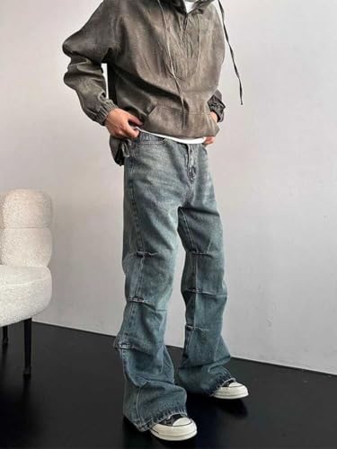Mens Jeans Straight Leg Relaxed Fit Ruched Trendy Y2K Streetwear Hip Hop Denim Pants3