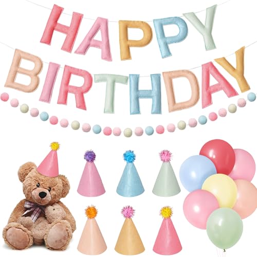 Kriyokiaa Pre-Strung Felt Happy Birthday Banner Retro Pastel Happy Birthday Party Decorations with Party Hats for Stuffed Animals Pom Pom Garland and Latex Balloons for Women Girls Party Decor