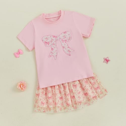 Image of Kayotuas Toddler Girl Summer Outfits Bow Embroidery Short Sleeve T-shirt and Sparkle Tutu Skirt Cute Sister Matching Dresses