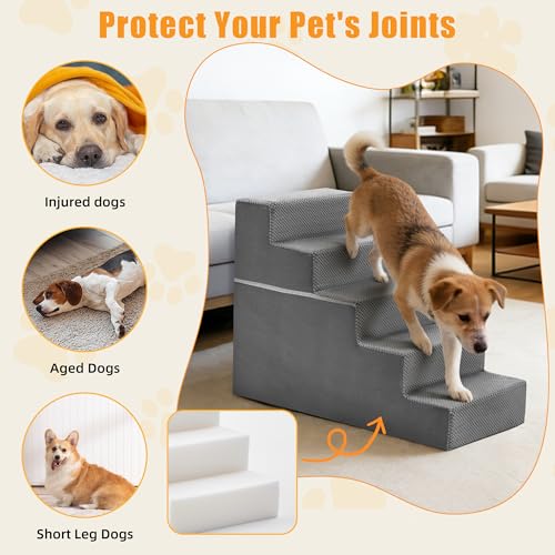 Image of NEWBULIG 5-Step Dog Stairs, 22.5 inch H Dog Steps for High Bed, Non-Slip Sturdy Pet Steps for Small Dogs and Cats, Pet Ramp for Sofa and Chair Indoor - Grey