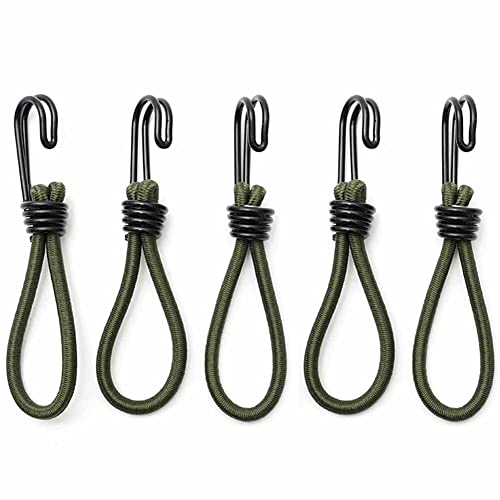 5 Pcs 6mm Bungee Cord Green Bungee Straps Mini Elastic Ropes with Metal Spiral Hooks for Outdoor Camping Bikes Tents Luggage, 5.9 Inch Length