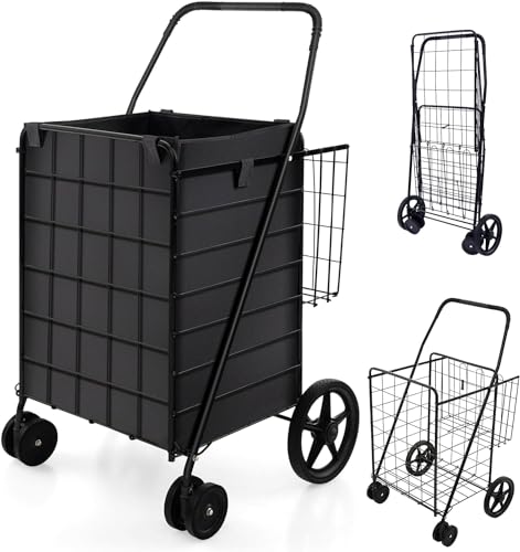 GOPLUS Carro de la Compra Plegable Multiusos 120L, Carrito Compra Portátil Grande con Ruedas Universales y 2 cestas, Bolsa Impermeable Extraíble, Ideal para Lavandería Libro Equipaje, Negro