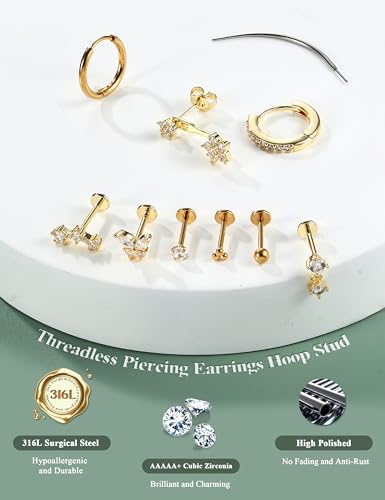 BESTEEL Threadless Flat Back Earrings Hypoallergenic - 9 Pairs 316L Surgical Steel Push in CZ Studs & Hoops Set for Women Men 14K Gold Plated Cartilage Tragus Helix Nose Piercing Jewelry 16G 18G2