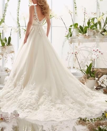 A Line Tulle Wedding Dresses for Women V Neck Sleeveless Bridal Gowns Lace Appliques Boho Wedding Gowns for Bride4