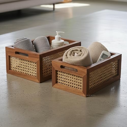 Image of Ikari Homes Duo Weave Rattan Storage Basket with Wooden Frame & Mesh Design | 34x25x15 cm Brown Rattan Organizer Basket for Kitchen, Closet & Shelves | Decorative Multipurpose Storage (Pack of 2)