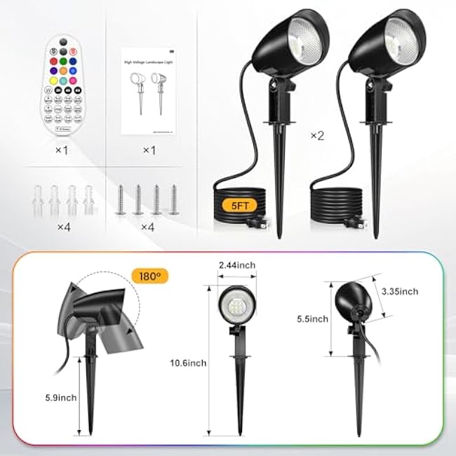 20W RGBW Landscape Lighting Color Changing Outdoor Spotlight with Remote Control 1880LM IP66 Waterproof LED Spot Lights for Christmas Decorative Garden Pathway 120V US Plug 2 Pack
