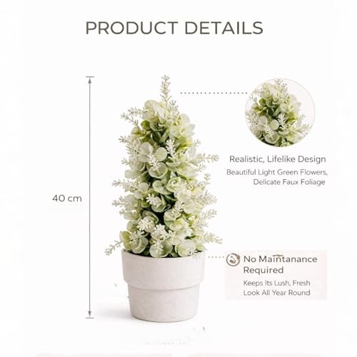 Image of Garden Art Artificial Frosted Eucalyptus Flower Arrangement with Melamine Planter - Decorative Faux Greenery Plant for Home, Office, Tabletop, Desk, Shelf & Living Room Decor (P-0202White)