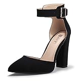 IDIFU Women's IN4 Pedazo High Block Heels Pumps Pointed Closed Toe Ankle Strap Dress Wedding Shoes (5, Black Nubuck)