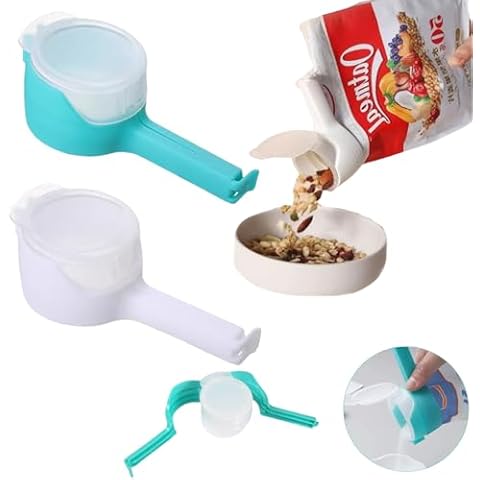 2Pcs Bag Clip with Pour Spout,Bag Spout Clips,Bag Clips for Food Storage Sealing Clips,Seal and Pour Bag Clip,Reusable Plastic Cap Sealer Clips, for Snack,Household Moisture Bag Clips（White/Blue） Cover