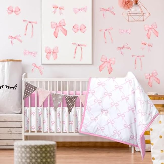 5 Pcs Pink Bow Theme Crib Bedding Set Include Bow Knot Print Crib Sheets Bed Skirt Comforter Pad Cover Wall Stickers for Girls Princess Nursery Room Decoration