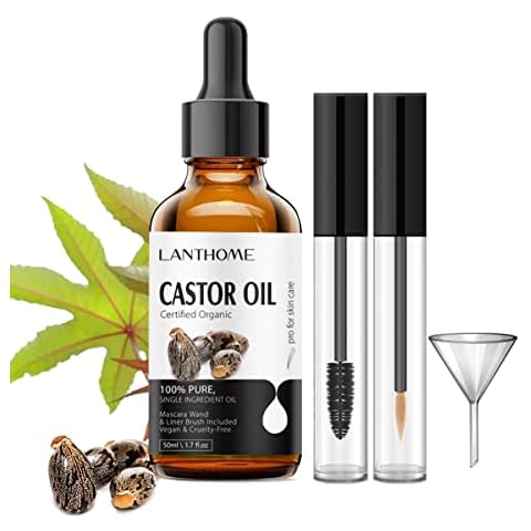 Lanthome Organic Castor Oil Cold Pressed Certified (1.7 Floz with Eyelash Kit), Black Castor Oil for Eyelashes, Eyebrows & Skin Moisturizer, Hair Growth Oil Hexane Free Cover