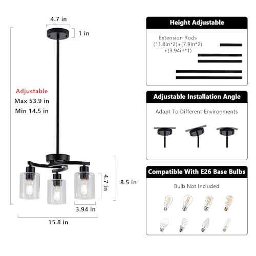 SHIGUANG Black Chandelier, 3 Light Chandeliers for Dining Room Light Fixtures Over Table, Industrial Hanging Pendant Lighting with Glass Shade for Kitchen Island Farmhouse Entryway