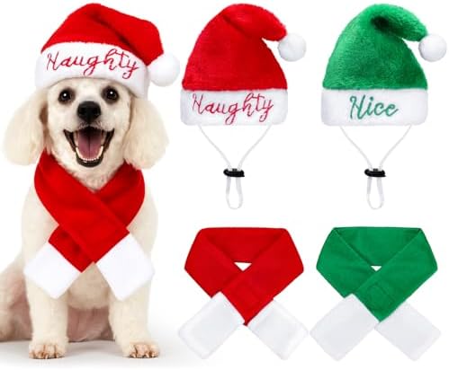 4 Pcs Cat Dog Christmas Costume Santa Hat with Scarf Naughty or N...