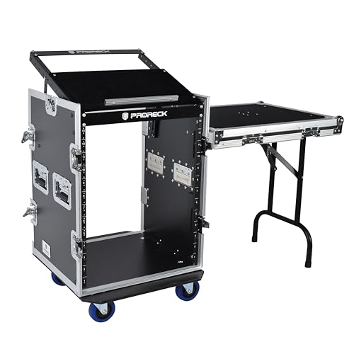 PRORECK 14U Rack/Road Case With Slant Mixer Top, One Side Table And Casters, 20'' Rackable Depth...