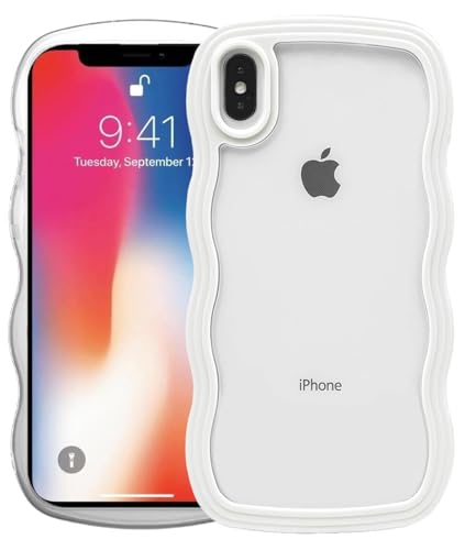 Image of GoldKart iPhone X /Xs Case Wavy Edge Clear Back Design, Anti-Slip Grip Cute Wave Curly Frame Shape Shockproof Soft TPU & Hard PC Bumper Protective Phone Case Cover for Women Girls - White